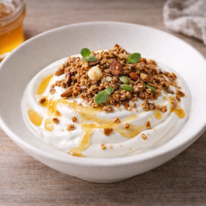 Fromage blanc fermier au miel du 11e et granola croustillant maison