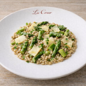 Risotto d’épeautre aux asperges vertes et vieux comté